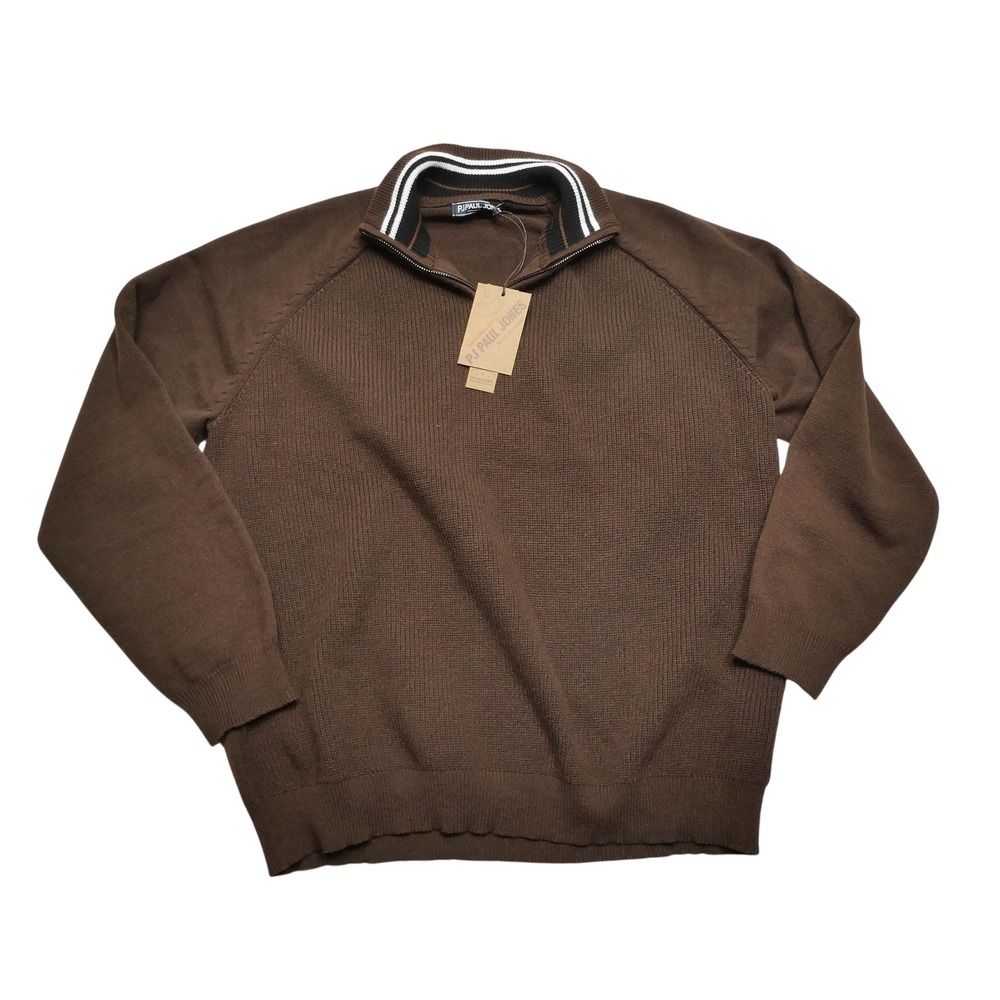 PJ Paul Jones Sweater Mens XL Brown 1/4 Zip Mock Neck Waffle Knit Pullover